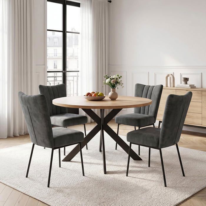 JIEXI Ensemble table et 4 chaises de salle à manger ronde avec un plateau en MDF fini en chêne et pieds de chaise en métal