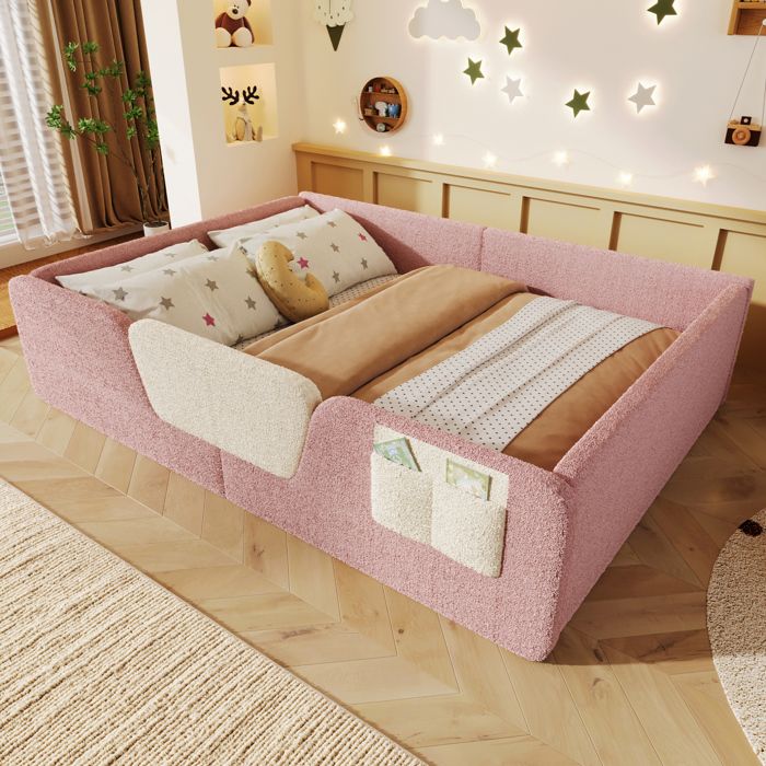 Lit enfant rembourré en velours rose 140 × 190 cm avec barrières amovibles