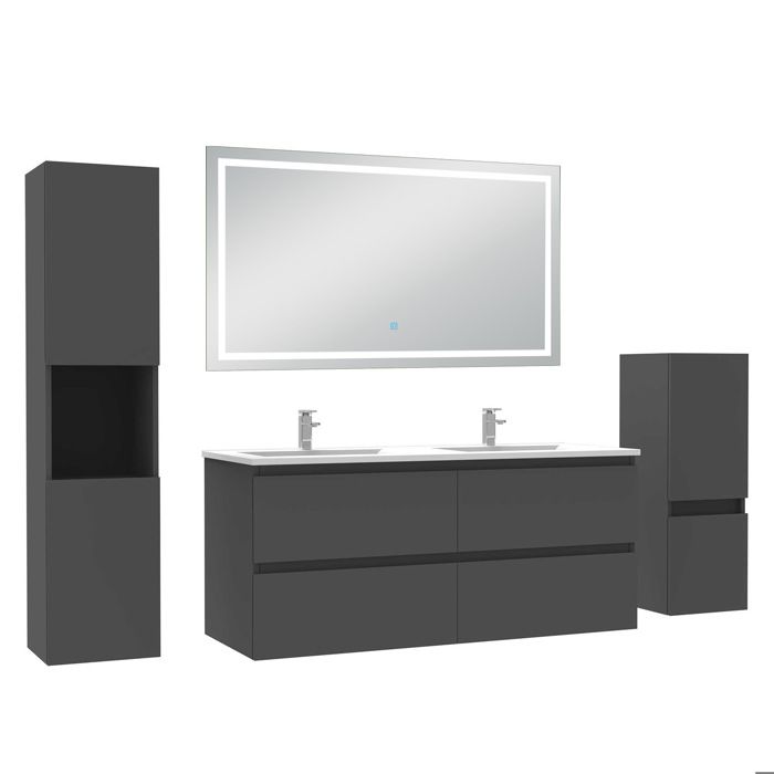 AICA Meuble de salle de bain 120 cm anthracite mat avec vasque 2 colonnes + miroir LED 6000K dimmable - fonction mémoire AICA Meuble de salle de bain 120 cm anthracite mat avec vasque 2 colonnes + miroir LED 6000K dimmable - fonction mémoire