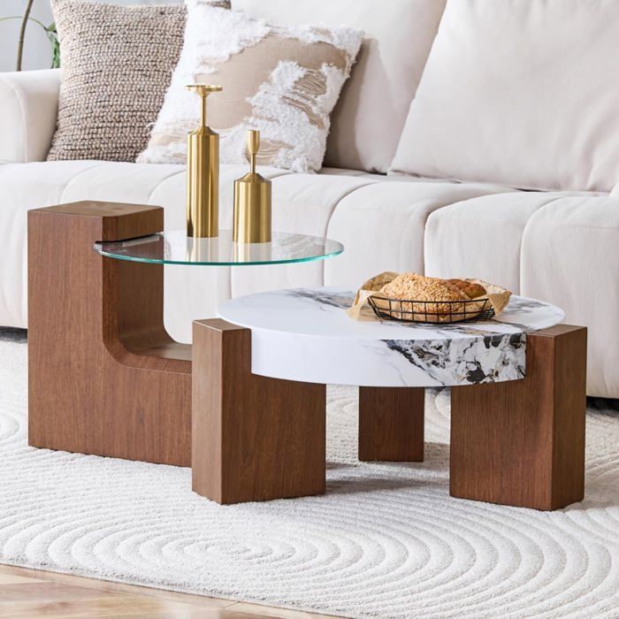 Table Basse Ronde modulable Wood - Set 2 en 1 avec Plateau en Verre de sécurité - pour Salon - 81x61x44cm - Noyer/Marbre Blanc