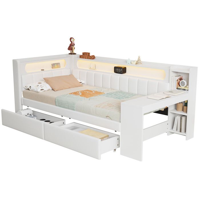 VLIVRA Lit Banquette Lit Simple USB LED Réglable Bureau et 2 Tiroirs 90×200 cm sans Matelas en Bois Rembourré Blanc