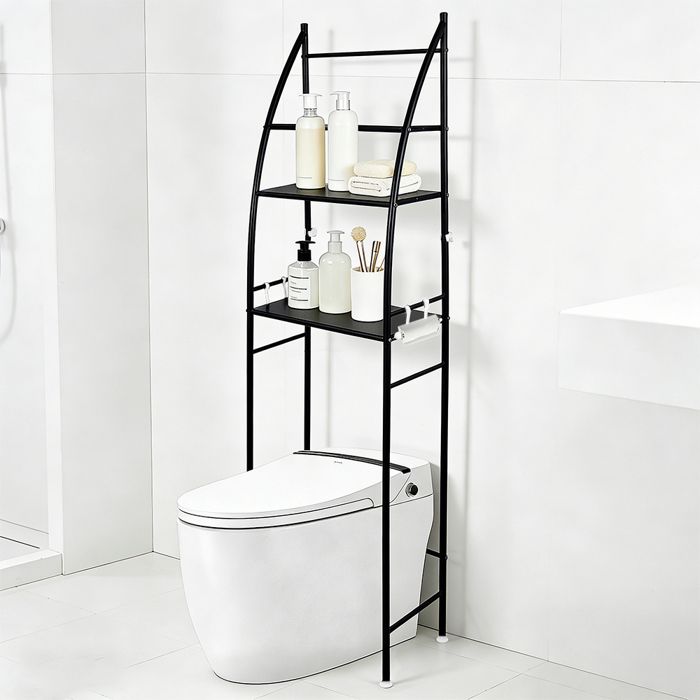 PEACHES Étagère au-dessus des toilettes Support WC en fer robuste 30kg gain de place pour petite rangement salle de bain noir