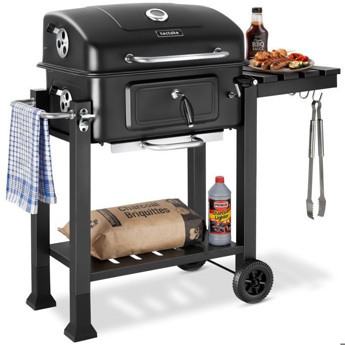 Barbecue - TECTAKE - Au charbon de bois FLORIAN bac à charbon réglable thermomètre intégré 110 x 64 x 104 cm - Noir