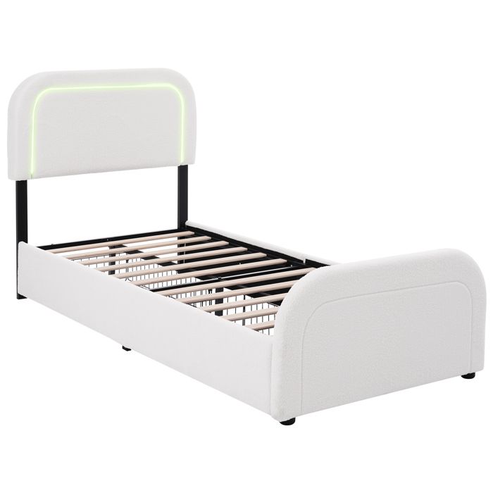Lit simple 90x200 blanc avec USB-C LED et 2 tiroirs tête réglable sommier bois
