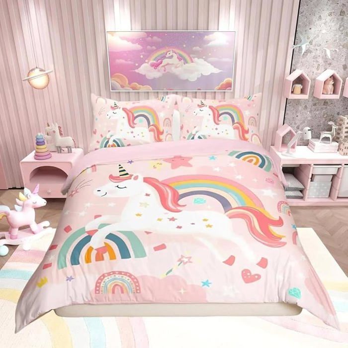 Housse de couette licorne rose 240x260cm motif arc-en-ciel et dessin animé literie douce pour enfant ou ado (Ro PARURE DE COUETTE