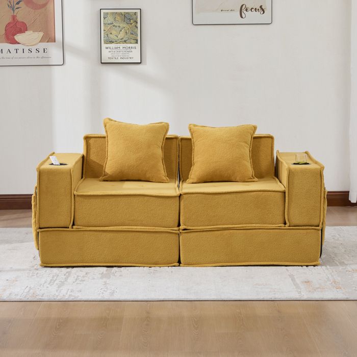Bladez - Canapé convertible 2 places compressé en velours côtelé avec rangements et porte-gobelets idéal coin détente - Jaune