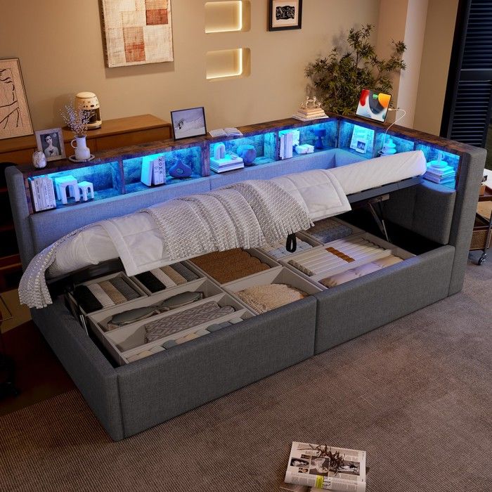 Lit superposé enfant - 90 x 200 cm - Rangement hydraulique - LED multicolore (contrôlable par app) - Ports USB/USB-C