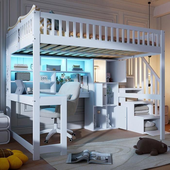 Lit mezzanine - KOMHTOM - 140 x 200 cm - LED multicolore - Bureau intégré - Rangements