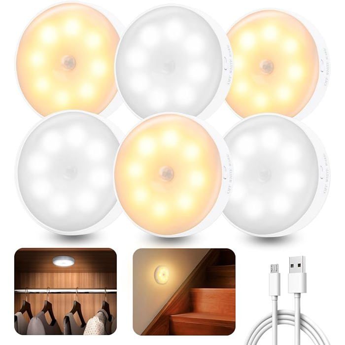 6 Pièces Lampe Détecteur de Mouvement Interieur Veilleuse LED Rechargeable Lumiere 3 Modes Lampe Led VEILLEUSE HORS PUERICULTURE