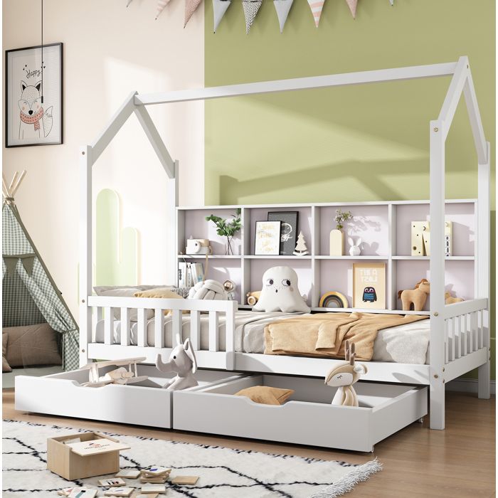 Lit cabane enfant – 90 x 200 cm – blanc – pin massif – étagère intégrée et 2 tiroirs