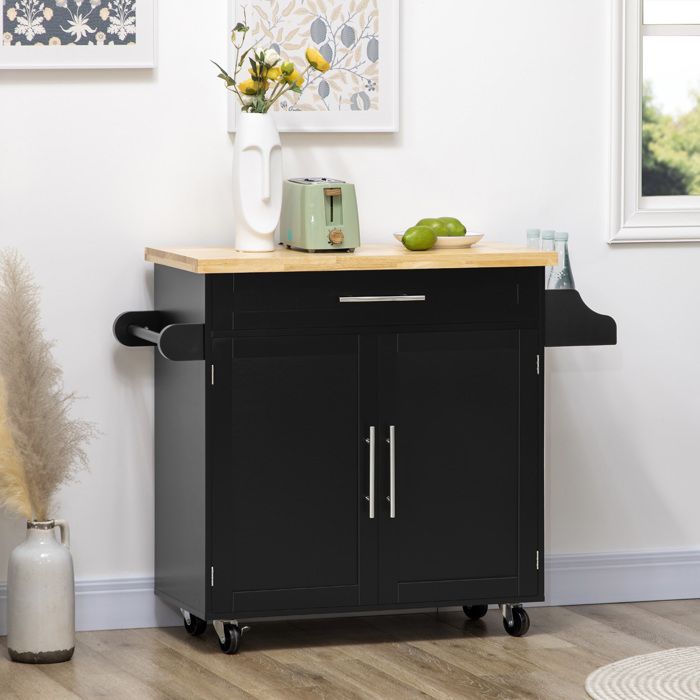 Desserte de cuisine îlot 109 cm x 40 cm x 89 cm noir avec 1 étagère à épices et 1 porte-serviette