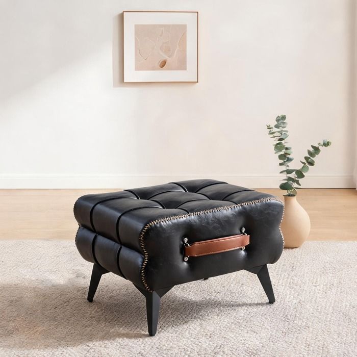 Pouf rectangulaire jet black en simili PU avec structure acier poignée cuir usage intérieur salon/chambre 43Lx33Wx30H cm