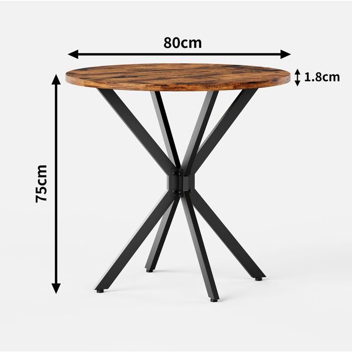 Table à manger ronde 80 cm style industriel avec piètement X en métal noir et plateau bois vintage Grjofek