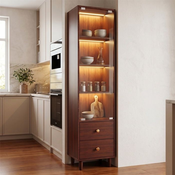 Vitrine Haute - H165 x L40 x P35 cm - avec Éclairage LED Étagères en Verre & 2 Tiroirs Style Rétro Poignées Dorées - Marron