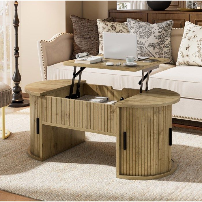 WOVREO Table basse relevable ovale 100x50x40 5 cm avec portes coulissantes rangement MDF décor chêne