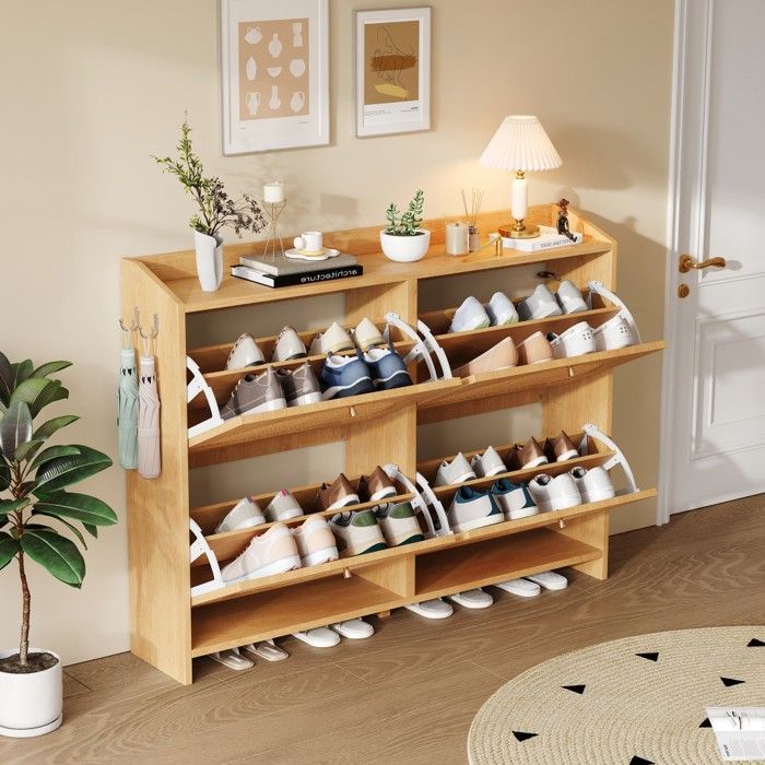 Meuble à chaussures MDF osier 120x24x90cm naturel 8 espaces 2 crochets rangement compact entrée salon bureau