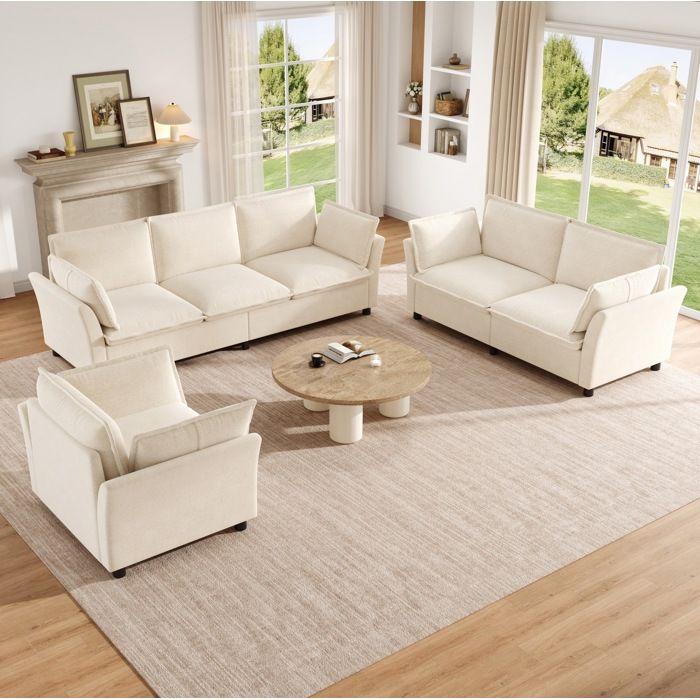 Ensemble canapés modulaires 3+2+1 en chenille beige 6 à 7 places 3 canapés librement combinables