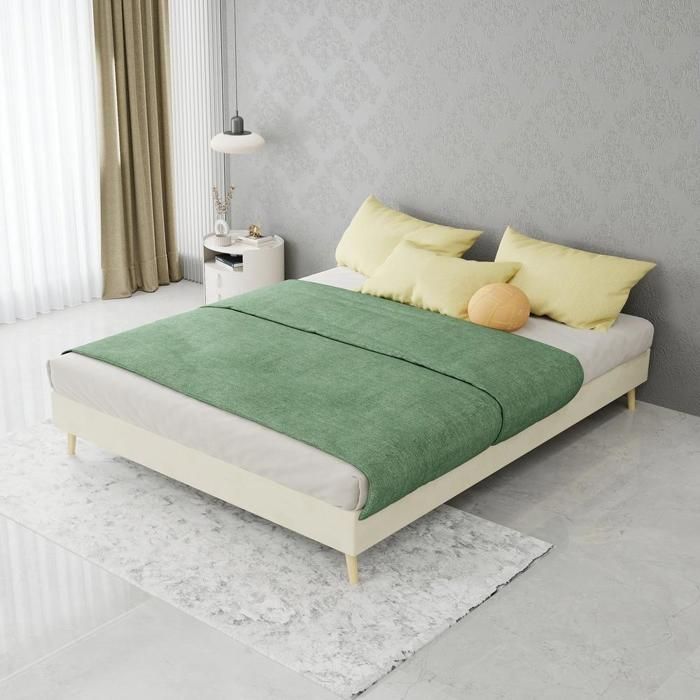 Lit rembourré - KOMHTOM - 140 x 200 - Velours hollandais - Coffre de rangement - Beige