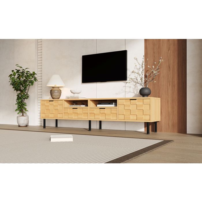 Meuble TV lowboard 200 cm bois naturel avec décor 3D 2 portes 2 tiroirs et 2 niches ouvertes
