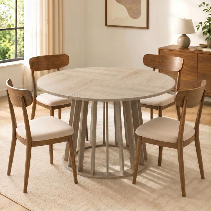 Table à Manger Ronde pour 4 à 6 Personnes Ø 120 x 75 cm Table de Cuisine avec Piétement à Lattes Robuste Bois Naturel