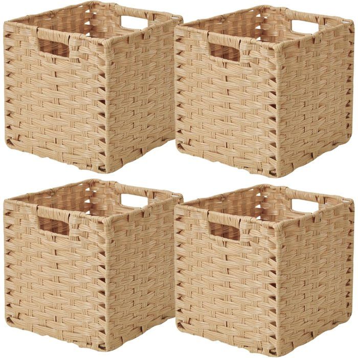Lot de 4 paniers tressés en polypropylène - 28 x 28 x 28 cm - pliables imperméables couleur beige - cubes de rangement