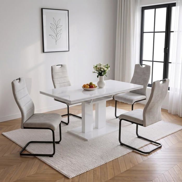 JIEXI Lot table de salle à manger extensible blanc brillant 4 chaises cantilever crème ensemble moderne salle à manger