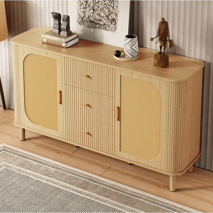 Buffet bas 2 portes 3 tiroirs AESVAR 140 x 40 x 80 cm effet rotin MDF coloris naturel