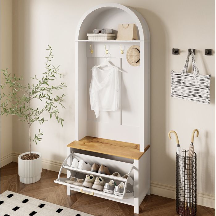 Meuble dentrée multifonction AESVAR avec porte-manteau et rangement à chaussures 75 x 35 x 195 cm MDF blanc et bois