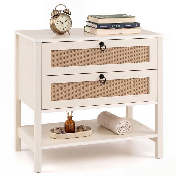 COSTWAY Table de Chevet en Rotin avec 2 Tiroirs de Rangement et Étagère Ouverte pour Chambre Salon 68 x 40 x 65 cm COSTWAY Table de Chevet en Rotin avec 2 Tiroirs de Rangement et Étagère Ouverte pour Chambre Salon 68 x 40 x 65 cm