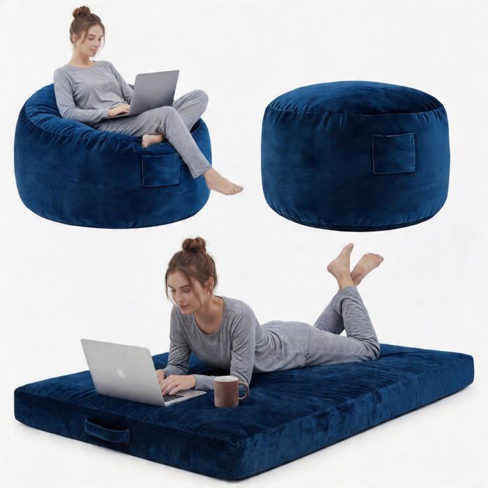Pouf XXL 120cm mousse mémoire bleu flanelle amovible adulte adolescent