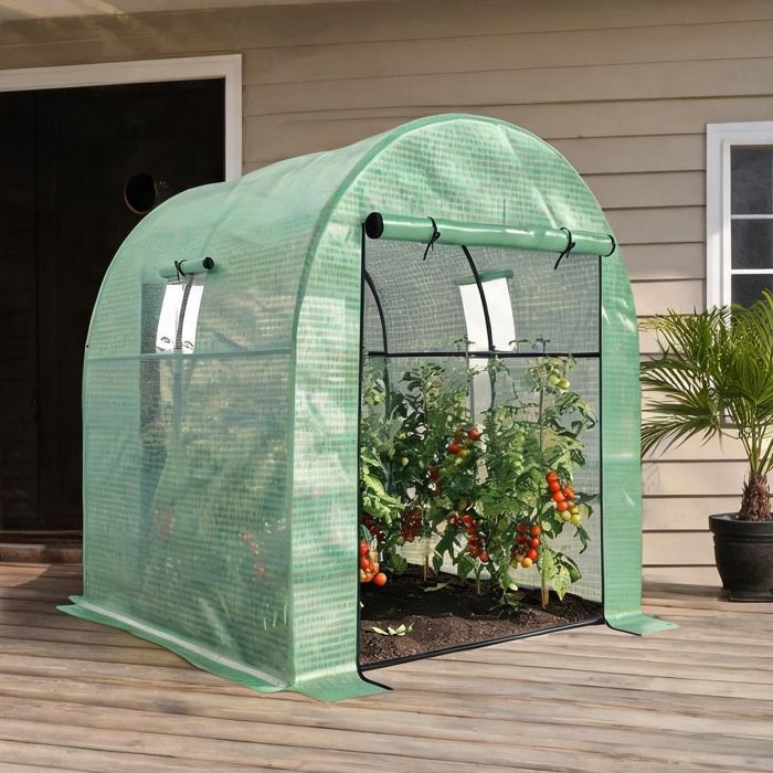 Serre tunnel de jardin 180x180x200 cm structure en acier couverture PE trois couches anti-UV 2 portes zippées et fenêtres à