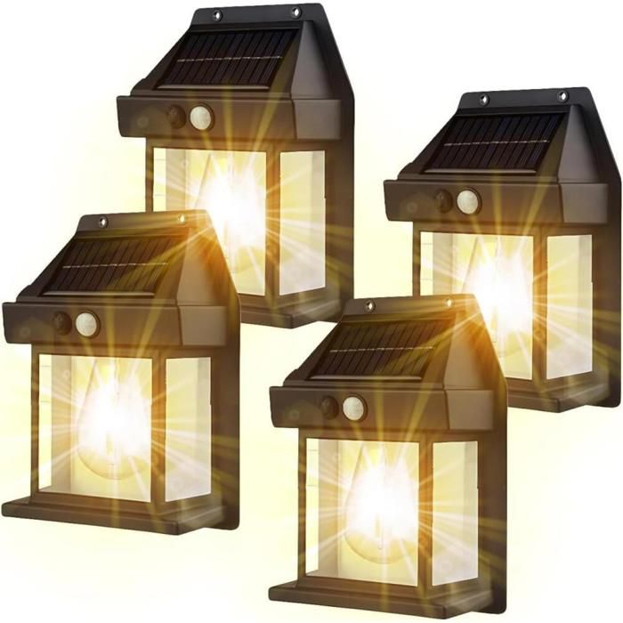 Lot de 4 Appliques Murales Solaires Extérieures IP65- Lampe de Jardin avec Détecteur de Mouvement-Design Ampoule Blanc Chaud 1200mAh