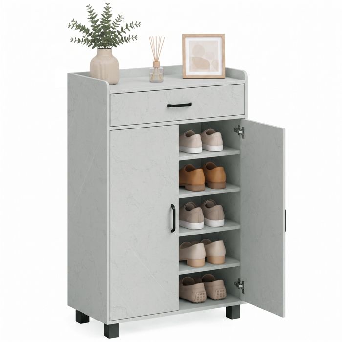 Meuble à chaussures - HOMCOM - 2 portes tiroir 5 compartiments et étagères réglables - bois - 62 5 x 35 x 95 cm - gris Meuble à chaussures - HOMCOM - 2 portes tiroir 5 compartiments et étagères réglables - bois - 62 5 x 35 x 95 cm - gris