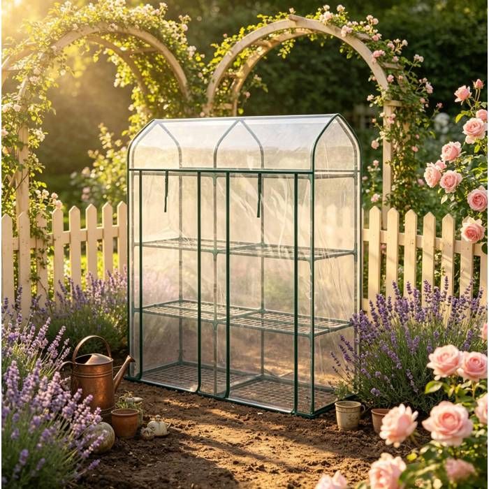MEUBLIV Mini-serre de balcon 3 niveaux 143 x 46 x 165 cm structure en acier et bâche transparente 2 portes zippées