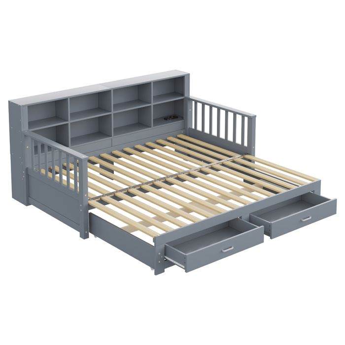 Lit banquette extensible 90/180 x 190 cm gris en pin avec sommier deux tiroirs compartiments et prise électrique