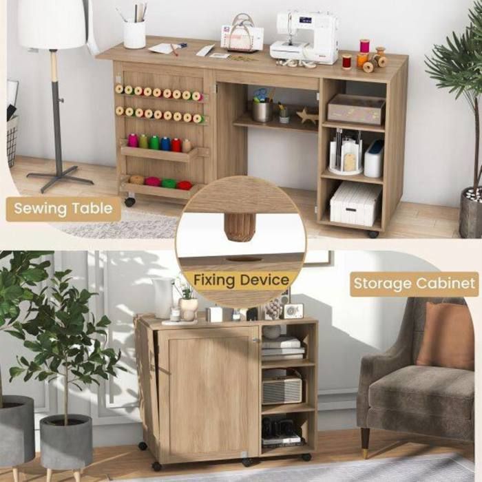 Gain de place à la maison : meuble de couture pliant avec rangement 6 roulettes freinées et plateau 2-en-1