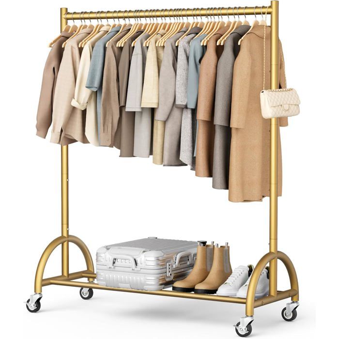 Porte-Manteau Lourd sur Roulettes Armoire Mobile pour Vêtements Vestes et Chemisiers Structure Stable Design Industriel Doré