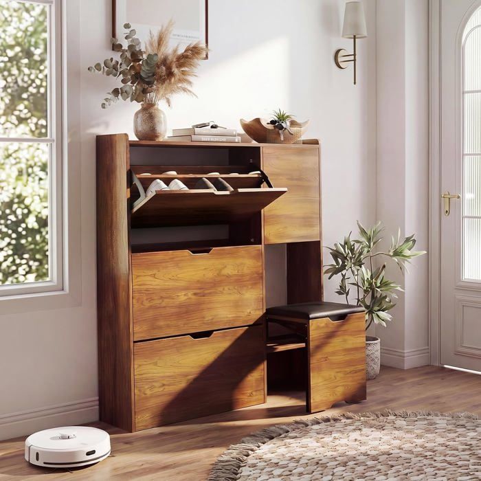 Banc à chaussures étroit pour couloir - 4 compartiments rabattables - 2 tiroirs - 16-24 paires - Marron