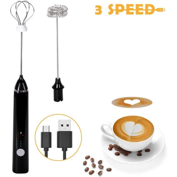 Mousseur à Lait,mini fouet electrique avec Dual Fouet Tête Spirale en USB Rechargeable Trois Vitesses Réglable