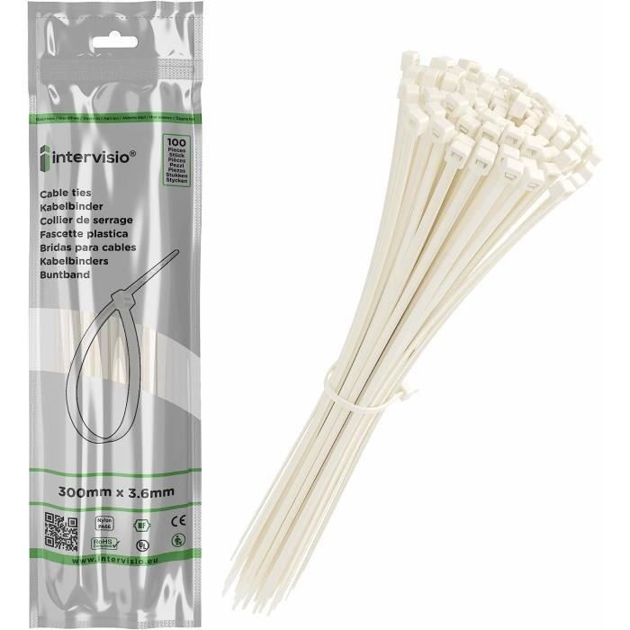 Colliers De Serrage Nylon - 100 Pièces - 300 Mm X 3.6 Mm - Blanc - Pour Gestion Des Câbles Et Rangement