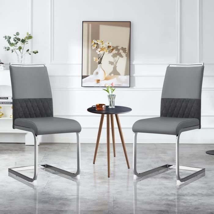 Lot de 2 Chaise de salle à manger moderne-Dossier en Similicuir PU et Lin pour Salon Cuisine Chaise de bureau invité Gris