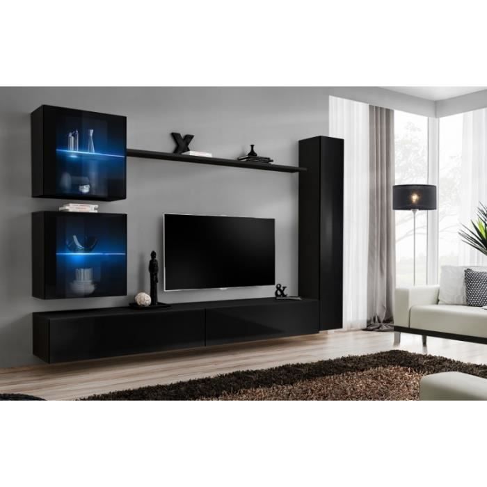 ensemble meuble tv mural - switch xviii - noir - verre - 2 portes - 180 cm x 40 cm