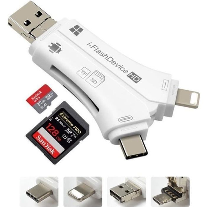 4 en 1 i lecteur Flash USB Micro SD & TF lecteur de carte adaptateur pour iPhone pour iPad Macbook Android caméra - Blanc