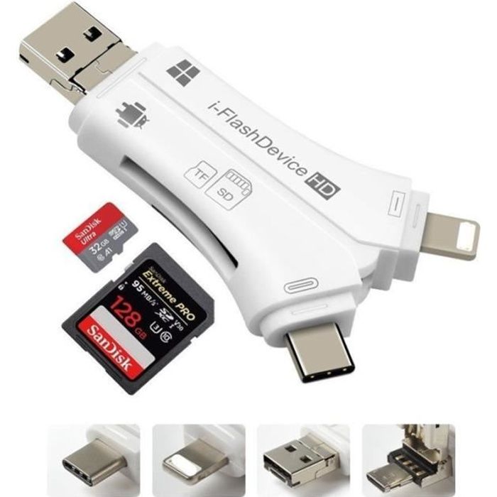 Lecteur De Carte SD/micro SD 4 En 1 Pour IPhone, Android, Mac, PC - Avec Port De Charge - Compatible Jusqu’à 400 Go