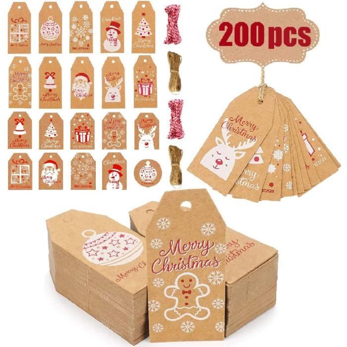 Anyingkai 200Pcs Etiquette Cadeau Noel,étiquettes de Cadeau de Noël avec Ficelle,Papier Kraft étiquettes,étiquettes en Papier de Noël Coloré étiquettes Noel 