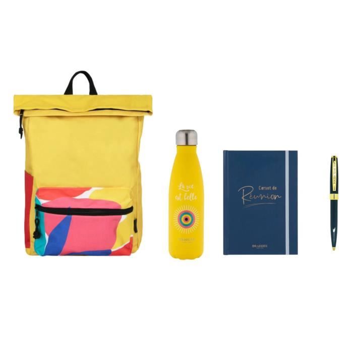 kit de rentrée au bureau : sac à dos 2 en 1 jaune, carnet de réunion a5, gourde inox jaune, stylo personnalisé - draeger paris