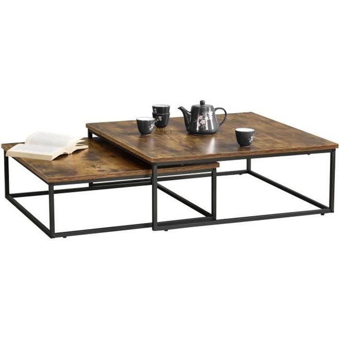 Lot de 2 tables basses gigognes Haninge carrées Effet bois foncé [en.casa]