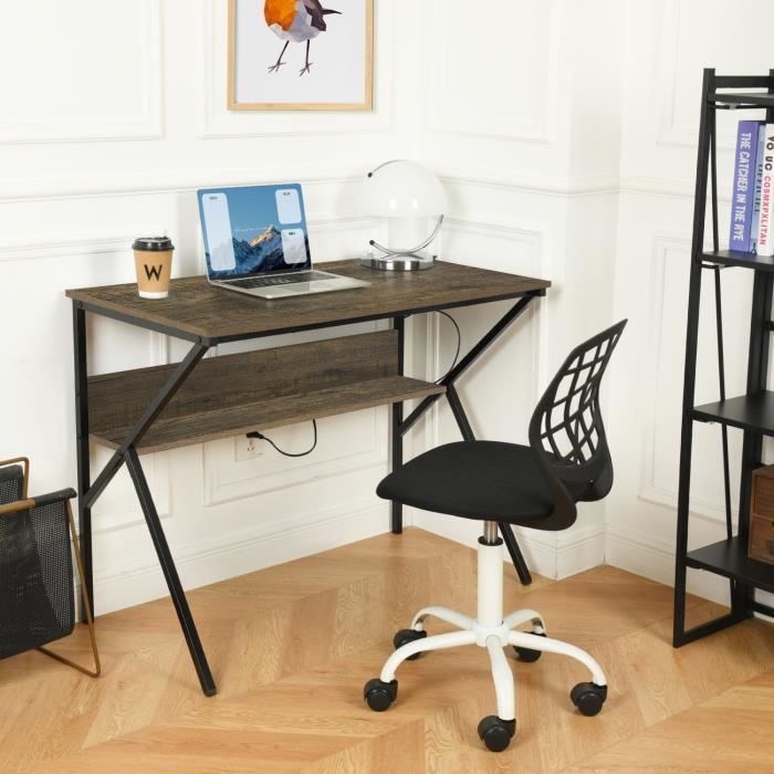 furniturer bureau double couche avec panneau cadre métallique mode et style moderne l 100 marron vintage