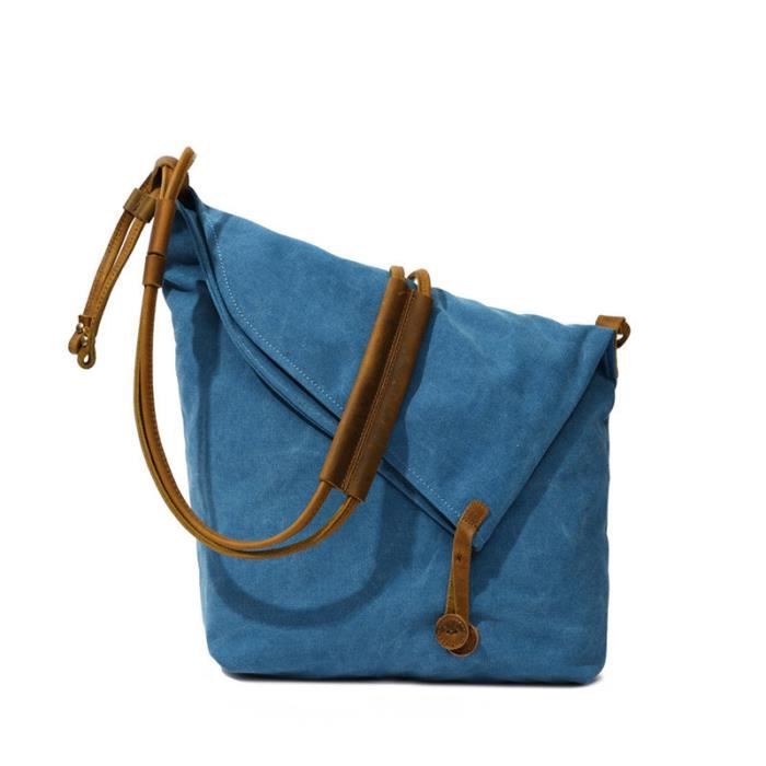 Sacoche Femme Sac Bandouliere Toile Et Cuir Couleur Unie 32 X 29 X 11 Cm Bleu Bleu Cdiscount Bagagerie Maroquinerie