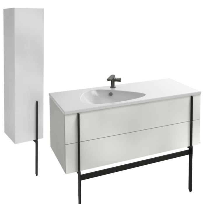 meuble lavabo simple vasque 120 cm jacob delafon nouvelle vague blanc brillant + colonne de salle de bain version gauche + pied